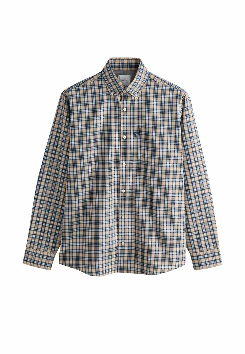 Button-up skjorte lavet af bomuld, med et beige og marineblåt ternet mønster, lange ærmer og en klassisk krave. Detalje med brystlomme.