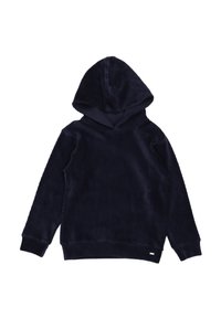 Sudadera con capucha de color azul marino, de manga larga, con puños acanalados y un pequeño parche rectangular cerca del dobladillo.