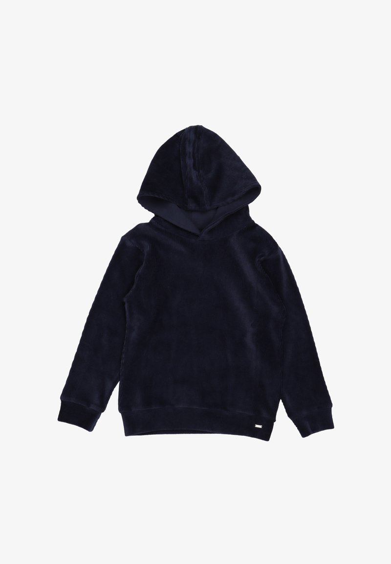 Sudadera con capucha de color azul marino, de manga larga, con puños acanalados y un pequeño parche rectangular cerca del dobladillo.