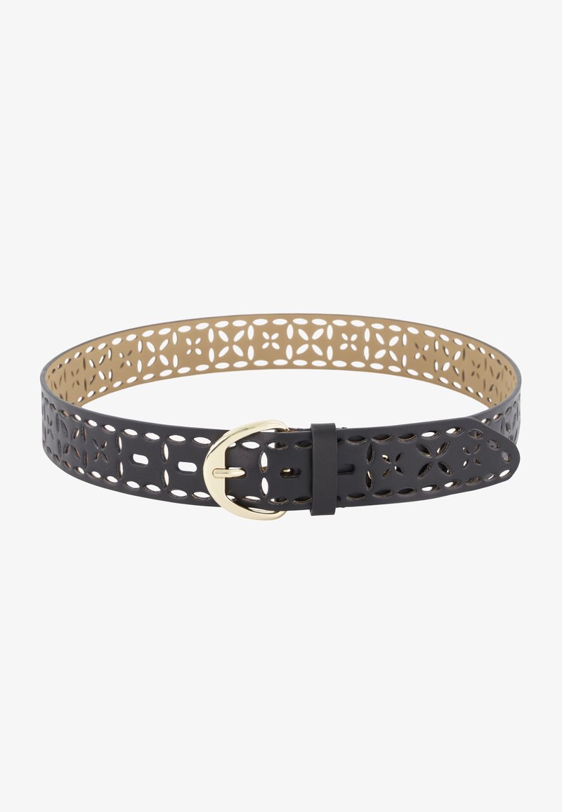 Ceinture en cuir noir avec boucle dorée, présentant des motifs floraux symétriques découpés au laser sur les deux côtés.