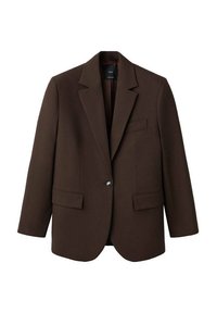 Blazer marrone con rever a punta, chiusura con un bottone, due tasche frontali e una tasca sul petto. Realizzato in tessuto morbido, con un design su misura.