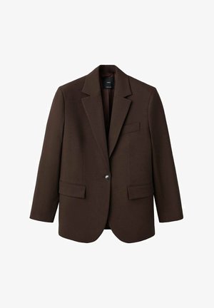Brown blazer with a notched lapel, single button closure, two front pockets, and a chest pocket. Made from smooth fabric, featuring a tailored design.