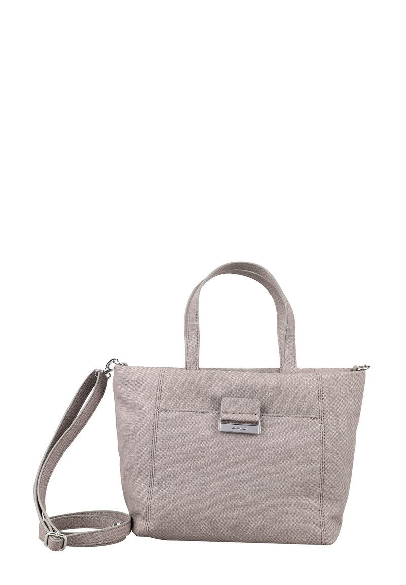 Hellgraue Stofftasche mit zwei Griffen, abnehmbarem Schulterriemen, Fronttasche und metallischen Akzenten. Strukturierte Oberfläche mit Nahtdetails.