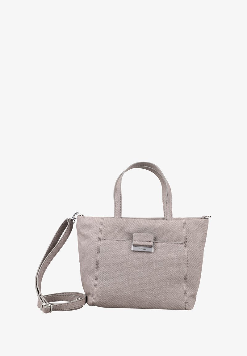 Světle šedá textilní taška s dvojitými rukojeťmi, odnímatelným ramenním popruhem, přední kapsou a kovovým detailem. Texturovaný povrch s šicími detaily.