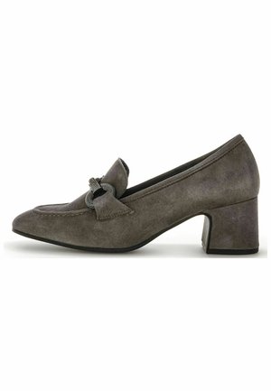Gray suede pump with a pointed toe, decorative bow detail on the front, and a low block heel. Smooth texture and minimalist design.