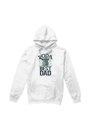 Weißer Hoodie mit einem grafischen Motiv eines grünen Charakters, der ein Kind hält, und dem Text "YODA BEST DAD" in fettem Schwarz. Aus weichem Fleece-Material.