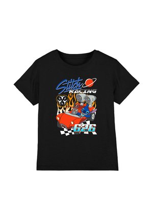 Black cotton t-shirt featuring a colorful graphic of a cartoon character in a red car, with the text "Stitch Racing" and flames.
