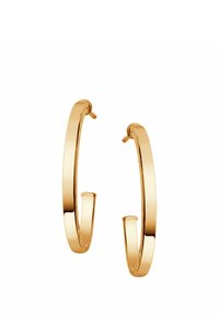 Złote kolczyki w kształcie obręczy z polerowanym wykończeniem, charakteryzujące się prostym, okrągłym wzorem i solidnym zapięciem do noszenia.