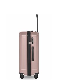 Valise rigide rose à quatre roues, poignée rétractable déployée, poignée latérale et serrure à combinaison sur fond blanc.