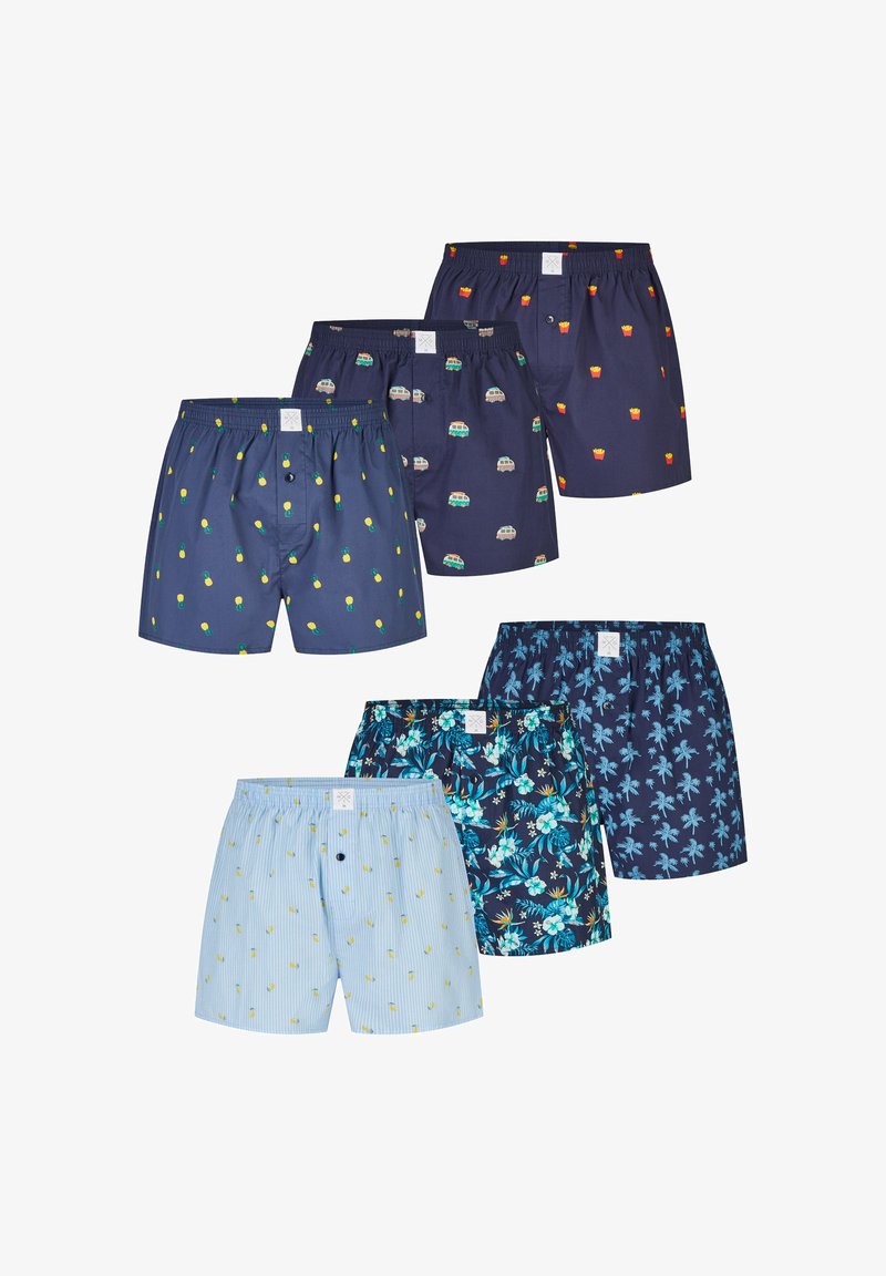 Six paires de caleçons pour hommes avec taille élastique, arborant des motifs d'ananas, de camionnettes, de frites, de palmiers et de motifs floraux.