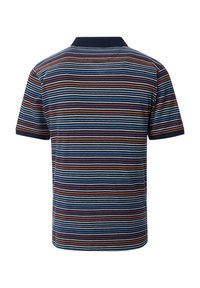 Short-sleeve polo shirt featuring horizontal stripes in navy, white, orange, and burgundy. Plain collar and smooth, cotton texture.