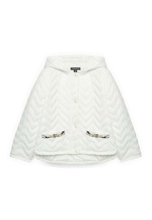 White quilted hooded jacket with snap buttons and two front pockets featuring black and gold chain details.