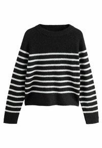 Gestreifter Pullover in Schwarz-Weiß mit rundem Halsausschnitt, weicher Textur und verkürztem Design. Verfügt über lange Ärmel und eine entspannte Passform.
