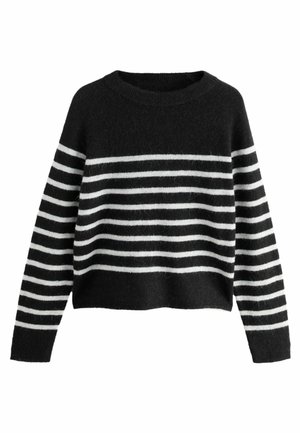 Gestreifter Pullover in Schwarz-Weiß mit rundem Halsausschnitt, weicher Textur und verkürztem Design. Verfügt über lange Ärmel und eine entspannte Passform.