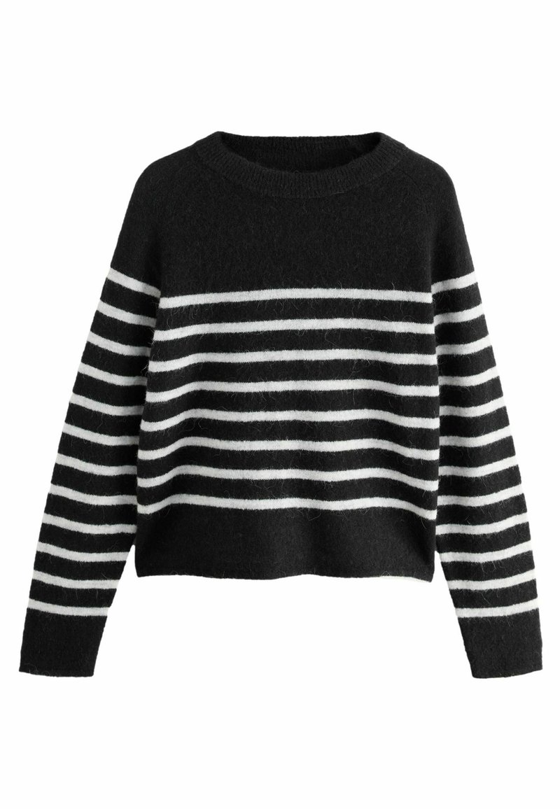 Gestreifter Pullover in Schwarz-Weiß mit rundem Halsausschnitt, weicher Textur und verkürztem Design. Verfügt über lange Ärmel und eine entspannte Passform.