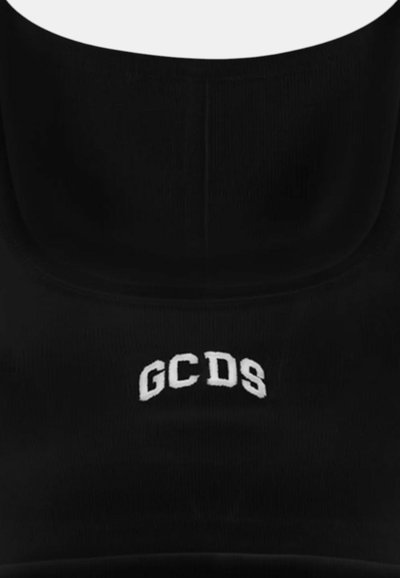 Reggiseno sportivo nero realizzato in tessuto liscio, con scollatura rotonda e texture a coste. Logo "GCDS" ricamato in bianco centrato sul davanti.