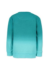 Turkoosi huppari, jossa on gradienttimuotoilu, ribbireunallinen kaula-aukko ja hihat, sileä pinta, eikä näkyviä logoja tai kuvioita.