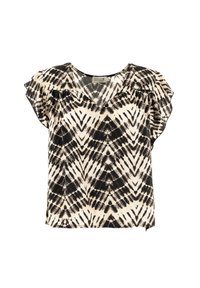 Blusa a maniche corte con scollatura a V, caratterizzata da un motivo geometrico in bianco e nero su tessuto leggero e maniche increspate.