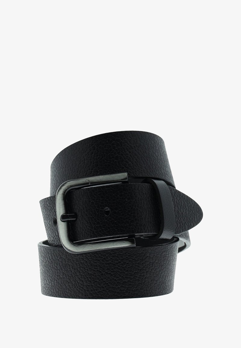 Cintura in pelle nera con superficie texturizzata e fibbia in metallo argento. La cintura è arrotolata con un bordo liscio e più fori per la regolazione.