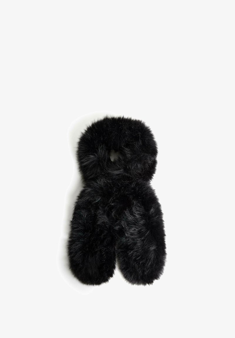 Sort kunstpels halsvarmer med en rund form og blød, fluffy tekstur. Har en åbning for nem påklædning.