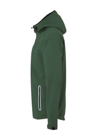 Giacca verde con cappuccio, dal tessuto liscio, con tasca laterale con zip e bordature bianche, e polsini regolabili ai polsi.