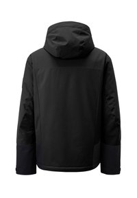 Schwarze wasserdichte Jacke mit Kapuze, die ein schlankes Design und eine glatte Textur aufweist. Sie hat einen kontrastierenden dunklen Akzent an den Ärmeln.