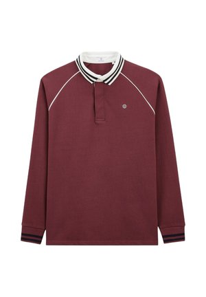 Polo shirt long manches bordeaux avec un col rayé blanc et noir, dotée d'une patte de boutonnage à trois boutons et d'accents bleu marine sur les poignets.