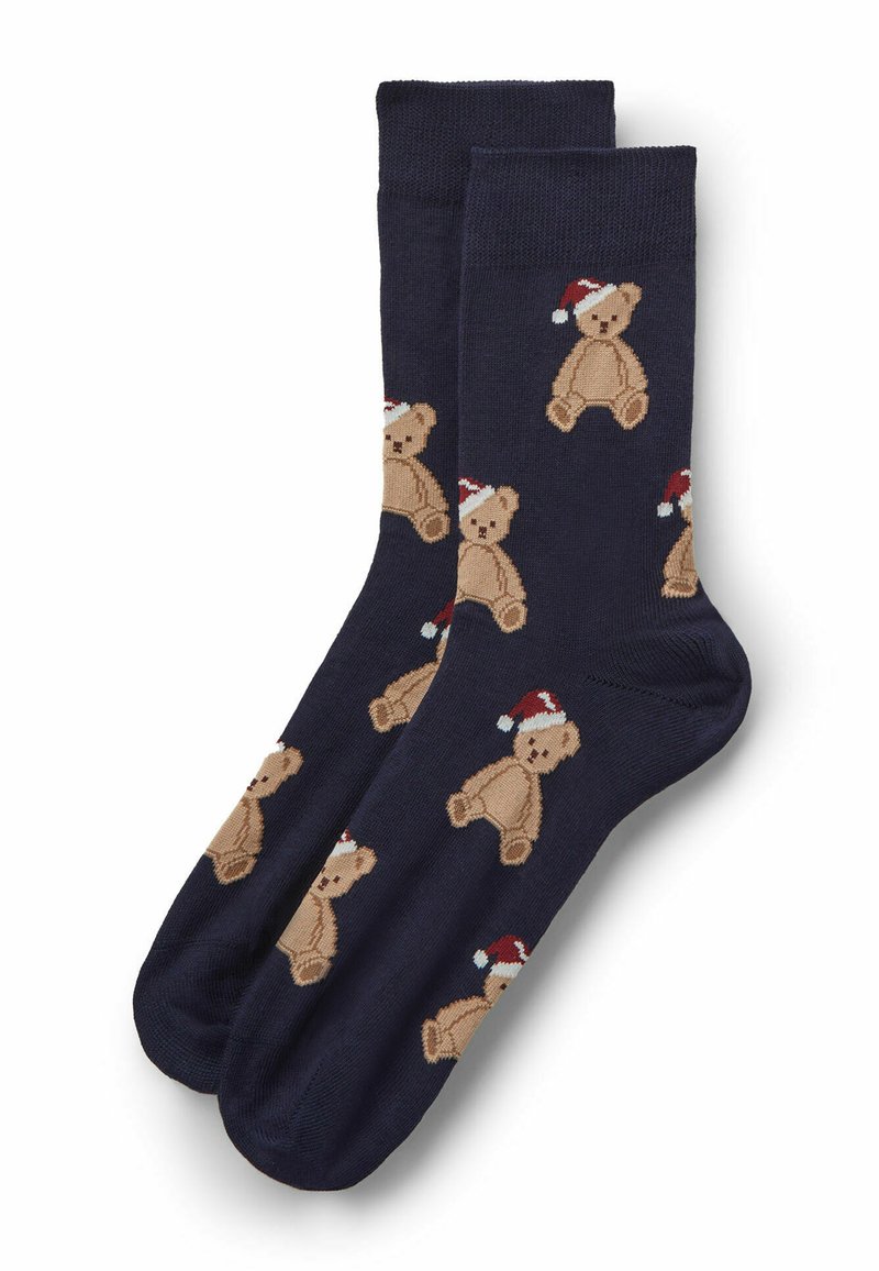 Mørkeblå sokker med brune teddy-bjørne iført røde og hvide julesokker, strikket mønster, blød tekstur og standard crew-længde design.