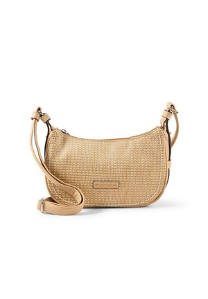 Petit sac bandoulière beige tissé avec sangle en cuir réglable et fermeture éclair, forme rectangulaire aux bords arrondis.