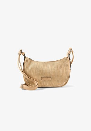 Petit sac bandoulière beige tissé avec sangle en cuir réglable et fermeture éclair, forme rectangulaire aux bords arrondis.