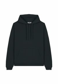 Svart huvtröja i mjukt material med en ficka fram, snörning och ribbade mudd och nederkant. Enkel design utan mönster.