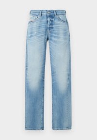Light blue wide-leg jeans made of denim, featuring a faded wash, light distressing details, five-pocket design, and a button fly closure.