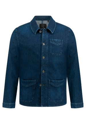 Mørkeblå denimjakke med spidse krave, knappet foran, brystlomme og to sidelommer. Har en lige pasform og struktureret overflade.