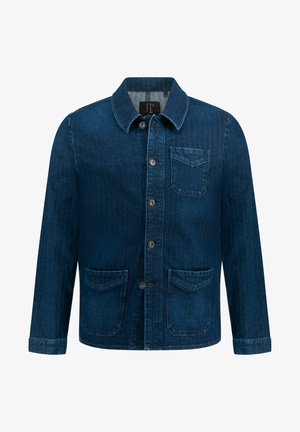 Mørkeblå denimjakke med spidse krave, knappet foran, brystlomme og to sidelommer. Har en lige pasform og struktureret overflade.