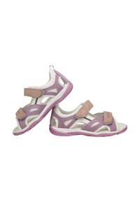 Fioletowe i białe sandały dziecięce z siateczki i zamszu, z dwoma regulowanymi paskami na rzep oraz teksturowaną gumową podeszwą.