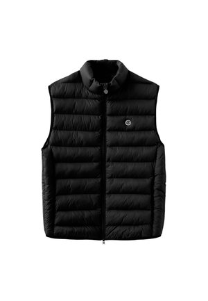 Zwarte doorgestikte mouwloze puffer-vest met hoge kraag en ritssluiting aan de voorkant, met een klein rond logo op de linkerborst.