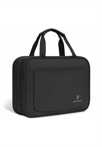 Borsa rettangolare nera realizzata in materiale resistente, dotata di due manici, una tasca frontale e un branding discreto nell'angolo in basso a destra.