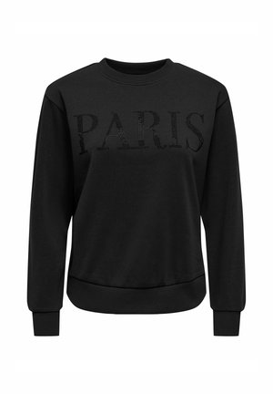 Sweat-shirt noir à manches longues avec col rond marqué "PARIS" en strass noirs sur la poitrine.