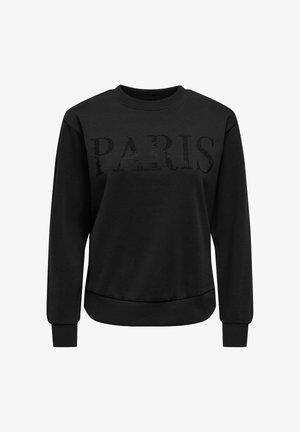 Sweat-shirt noir à manches longues avec col rond marqué "PARIS" en strass noirs sur la poitrine.