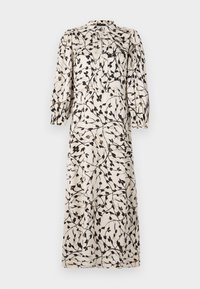 Langes Creme-Kleid mit schwarzem Blumenmuster, gerafften Ärmeln, Knopfverschluss und hohem Kragen. Glatte Stoffqualität mit fließender Silhouette.