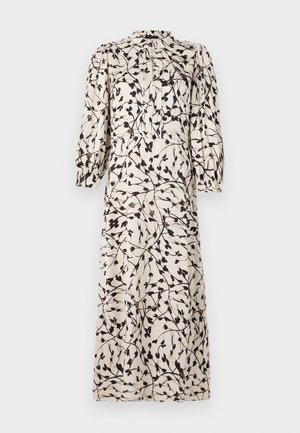 Lang, kremfarget kjole med svart blomstermønster, rynkede ermer, knappelukking og høy hals. Glatt stoff med en flytende silhuett.