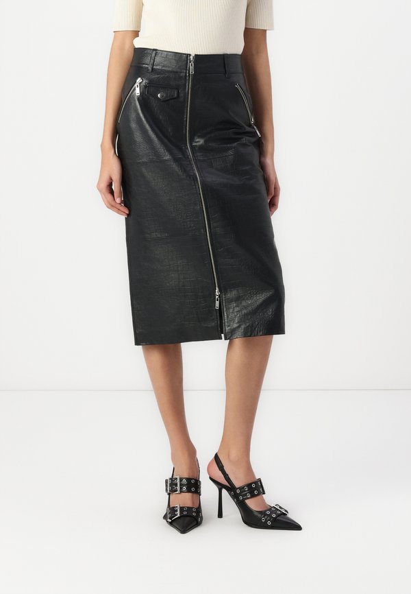 GISELE MIDI SKIRT - Leather skirt - meteorite