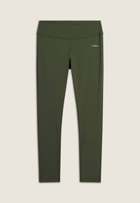 Leggings verde oliva realizzati in tessuto elasticizzato. Presentano un cinturone ampio e un dettaglio logo discreto vicino alla coscia sinistra superiore.