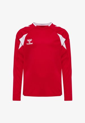 Rotes langärmliges Sporttrikot mit weißen Akzenten an Schultern und Seiten, mit hummel-Logo auf der Brust.