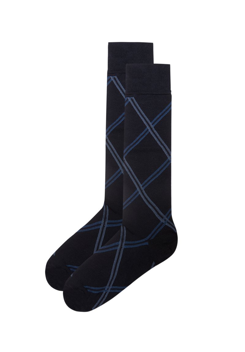 Calzini neri con un motivo a rombi in filato blu. Realizzati in un tessuto morbido con una texture liscia, progettati con un polsino a coste.