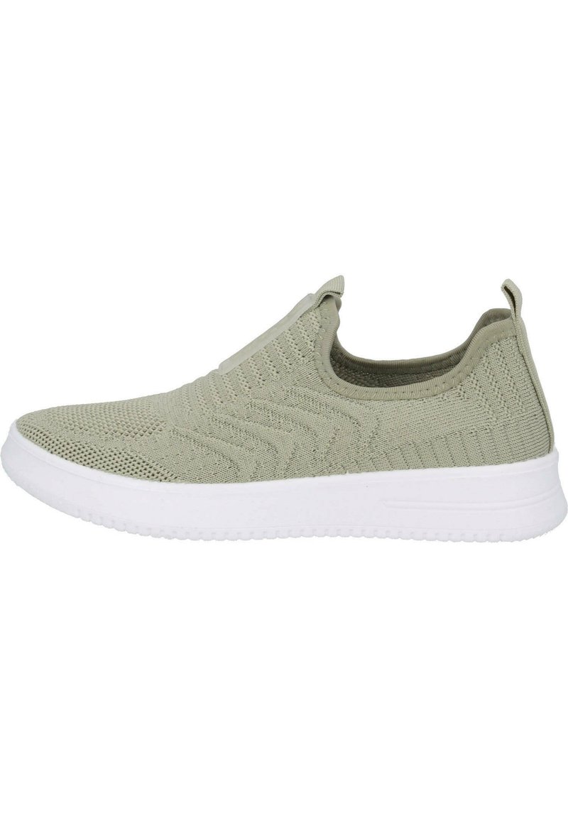 Scarpa sportiva slip-on in materiale a maglia verde chiaro, con un motivo testurizzato, collo imbottito e suola in gomma bianca per una migliore aderenza.
