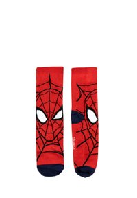 Calze di cotone rosse con un design di Spider-Man, caratterizzate da motivi di ragnatela nera e occhi bianchi, rifinite con un bordo blu scuro alla punta.