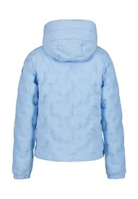 Helleblaue Daunenjacke mit gestepptem Design, verstellbarem Kapuze, elastischen Bündchen und glatter Oberfläche, geeignet für kaltes Wetter.