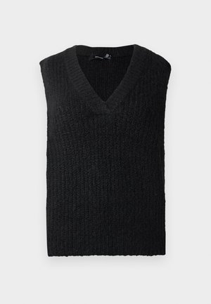 Black knitted sleeveless sweater vest with V-neck collar laid flat on a white background.