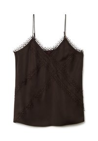 Camiseta de satén marrón oscuro con tirantes delgados ajustables y un borde de encaje geométrico a lo largo del escote y el cuerpo formando un patrón en X.